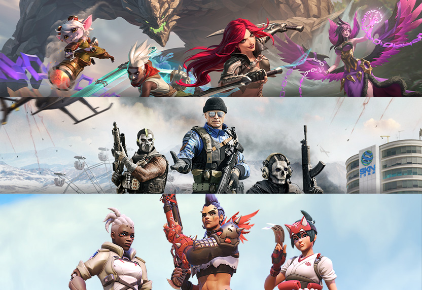 Game art from multiple free-to-play games including League of Legends, Call of Duty: Warzone and Overwatch 2.