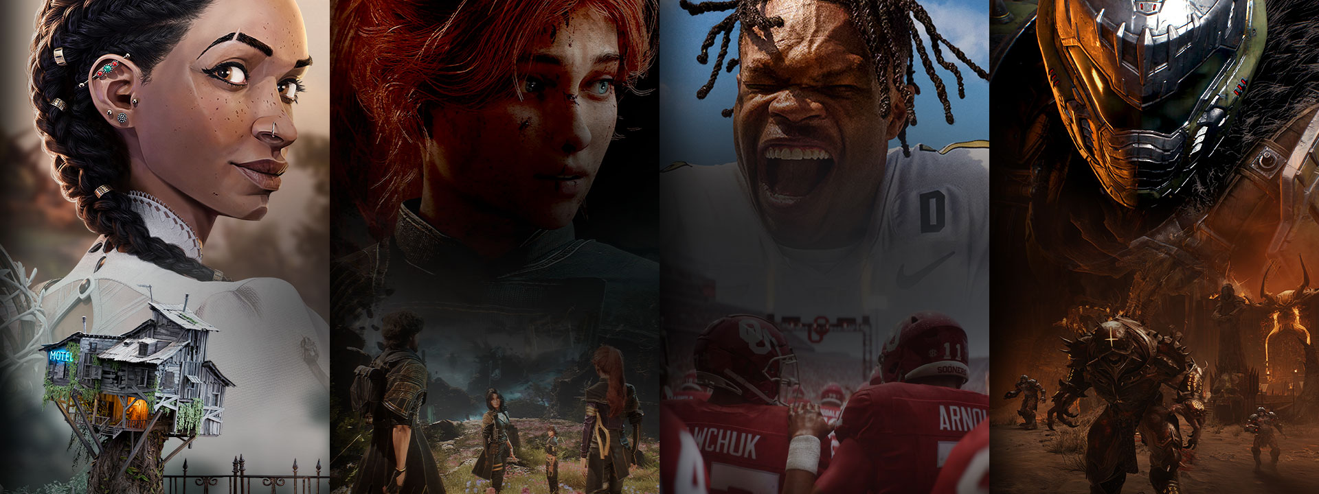 A selection of games available or coming soon with Game Pass including South of Midnight, Clair Obscur: Expedition 33, EA SPORTS College Football 25 and DOOM: The Dark Ages