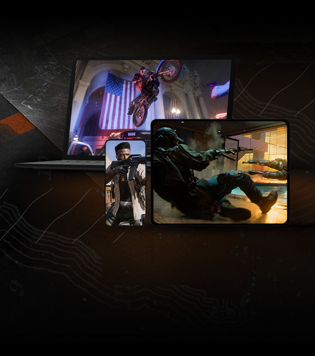 front view of three different monitor screens displaying Call of Duty®: black ops 6