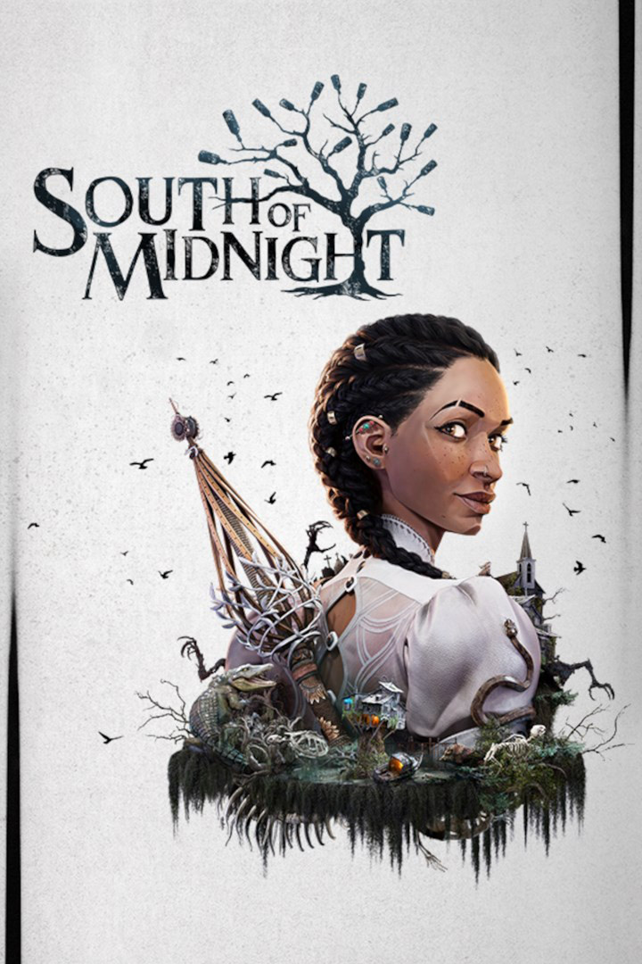 Logo South of Midnight, Hazel regardant par-dessus son épaule tandis que des oiseaux noirs volent autour de sa tête.