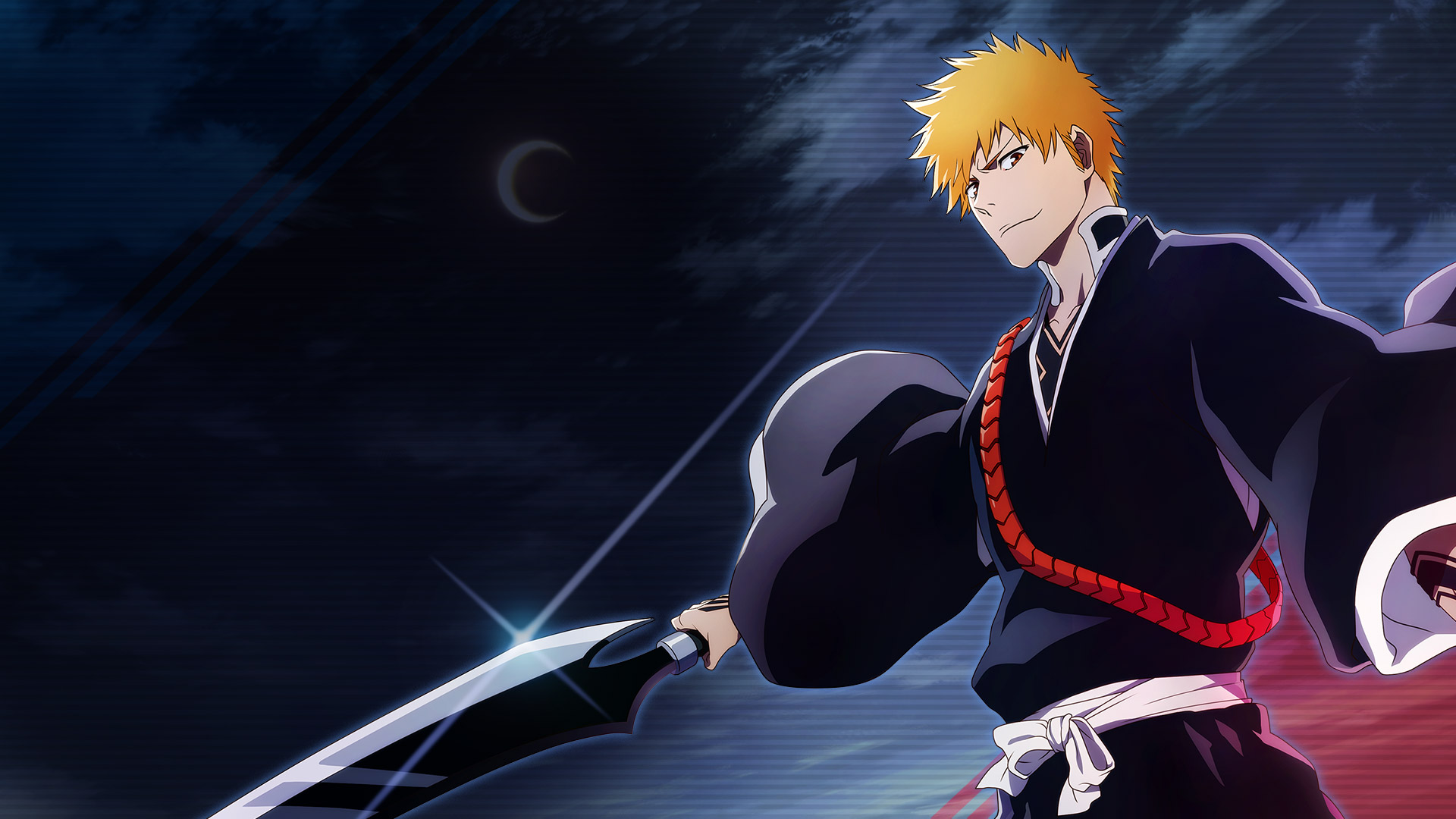 Ichigo swiping a sword under a crescent moon.