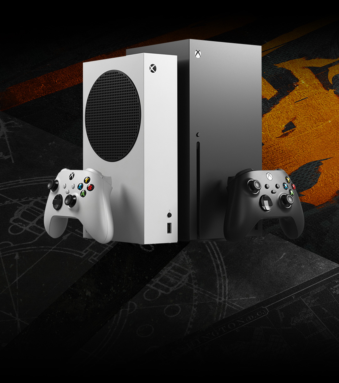 front view of 2 Xbox Series X|S console devices