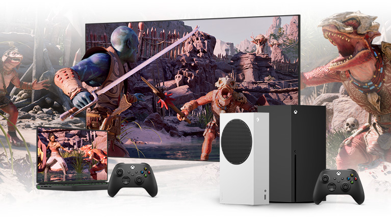 Avowed-pelin kuvitusta televisiossa ja kannettavassa tietokoneessa, jossa on Xbox-ohjaimet sekä Xbox Series X ja S
