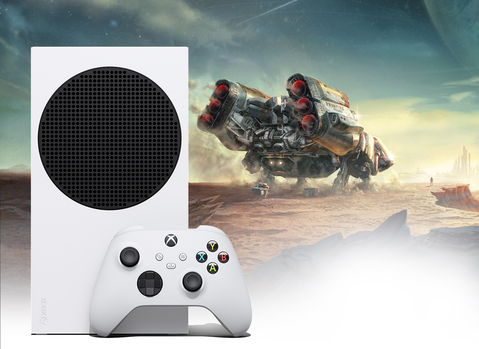 Xbox Series S neben einem Raumschiff auf einem Starfield-Planeten