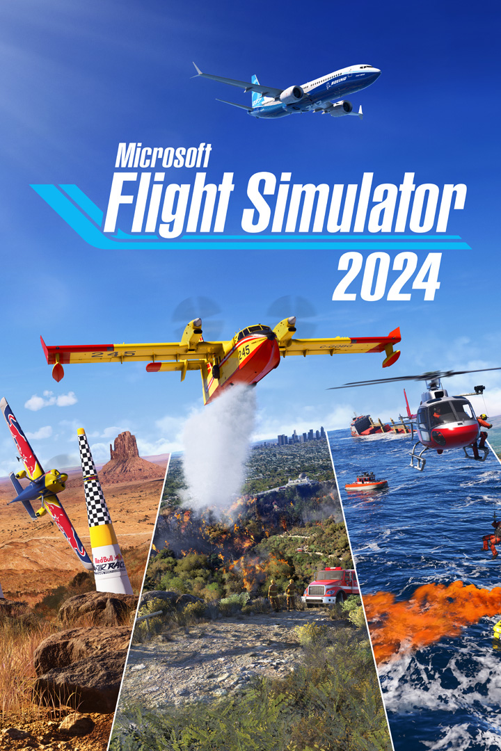 Logo Microsoft Flight Simulator 2024, des avions, des dirigeables et des montgolfières survolant de multiples paysages naturels.