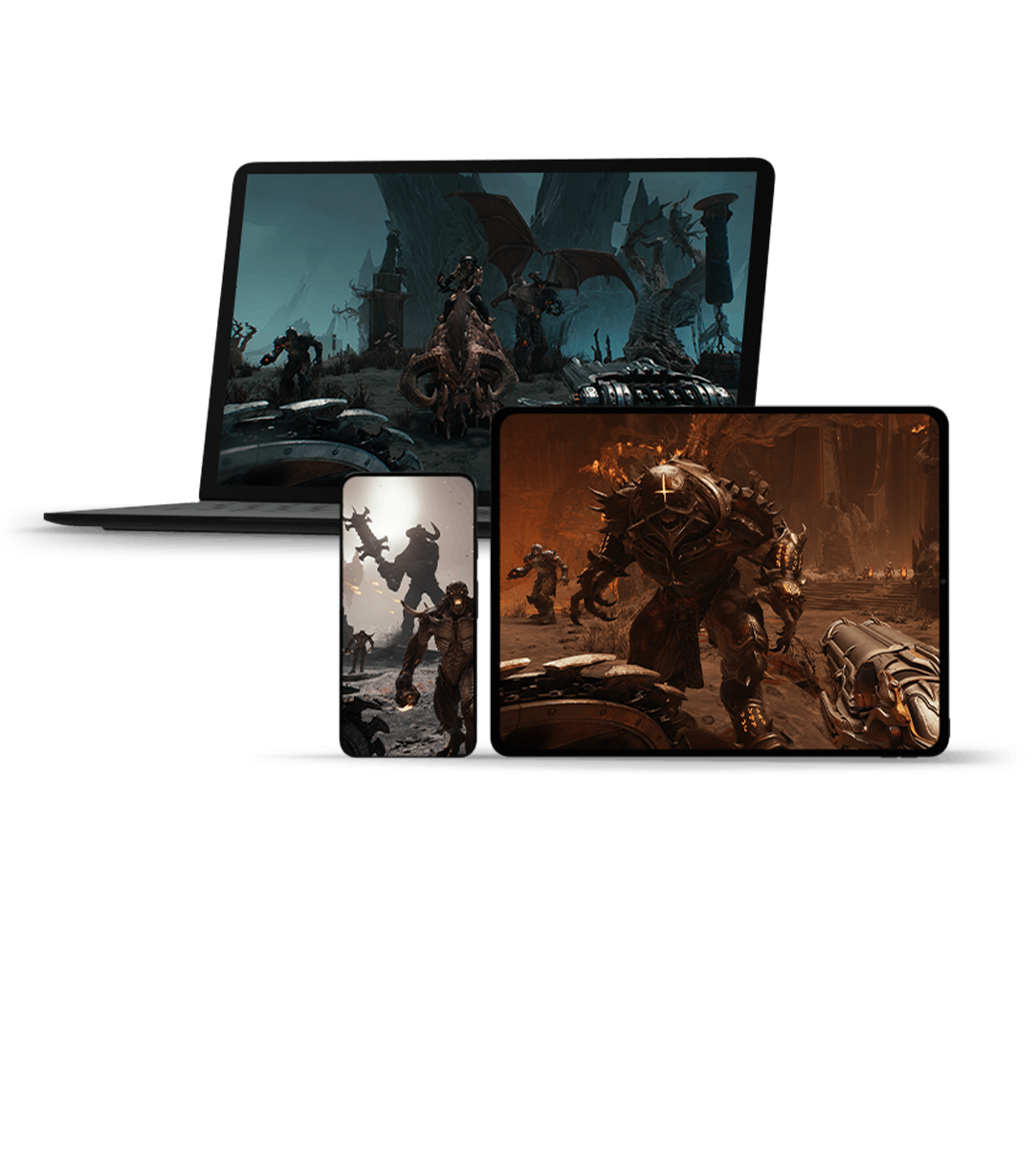 front view of three different monitor screens displaying doom the dark ages