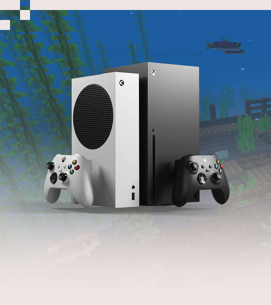 Vorderansicht von 2 Xbox Series X|S-Konsolengeräten