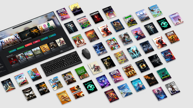 Illustrations de plusieurs jeux disponibles avec le PC Game Pass entourant un écran d’ordinateur, un clavier et une souris.