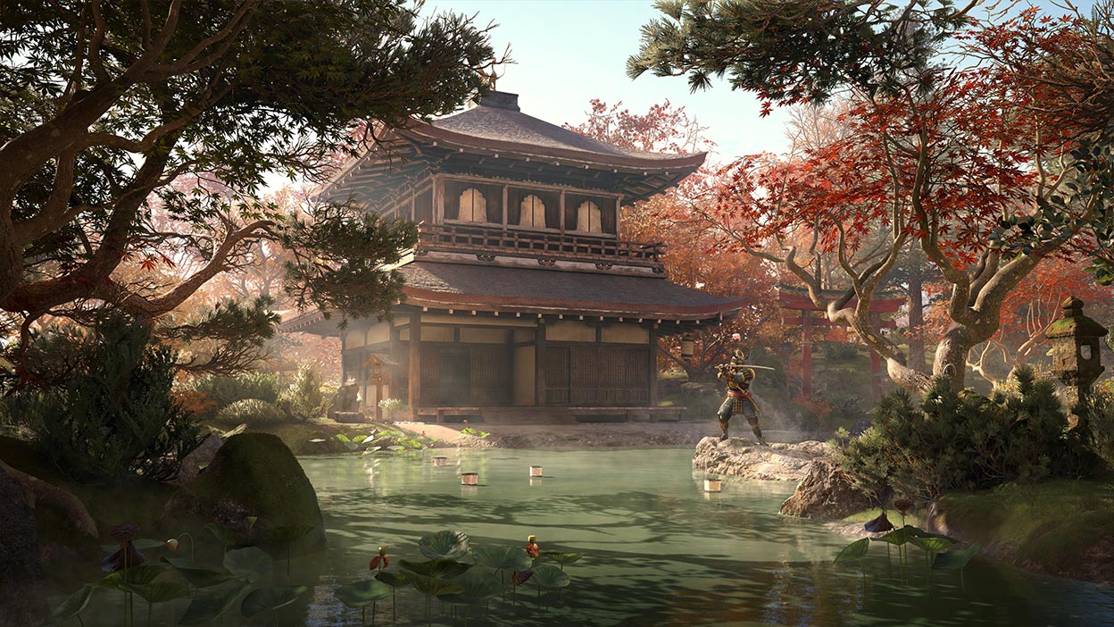 Yasuke trains in a peaceful castle garden.