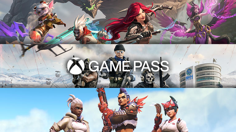 Game art from multiple free-to-play games including League of Legends, Call of Duty: Warzone and Overwatch 2.