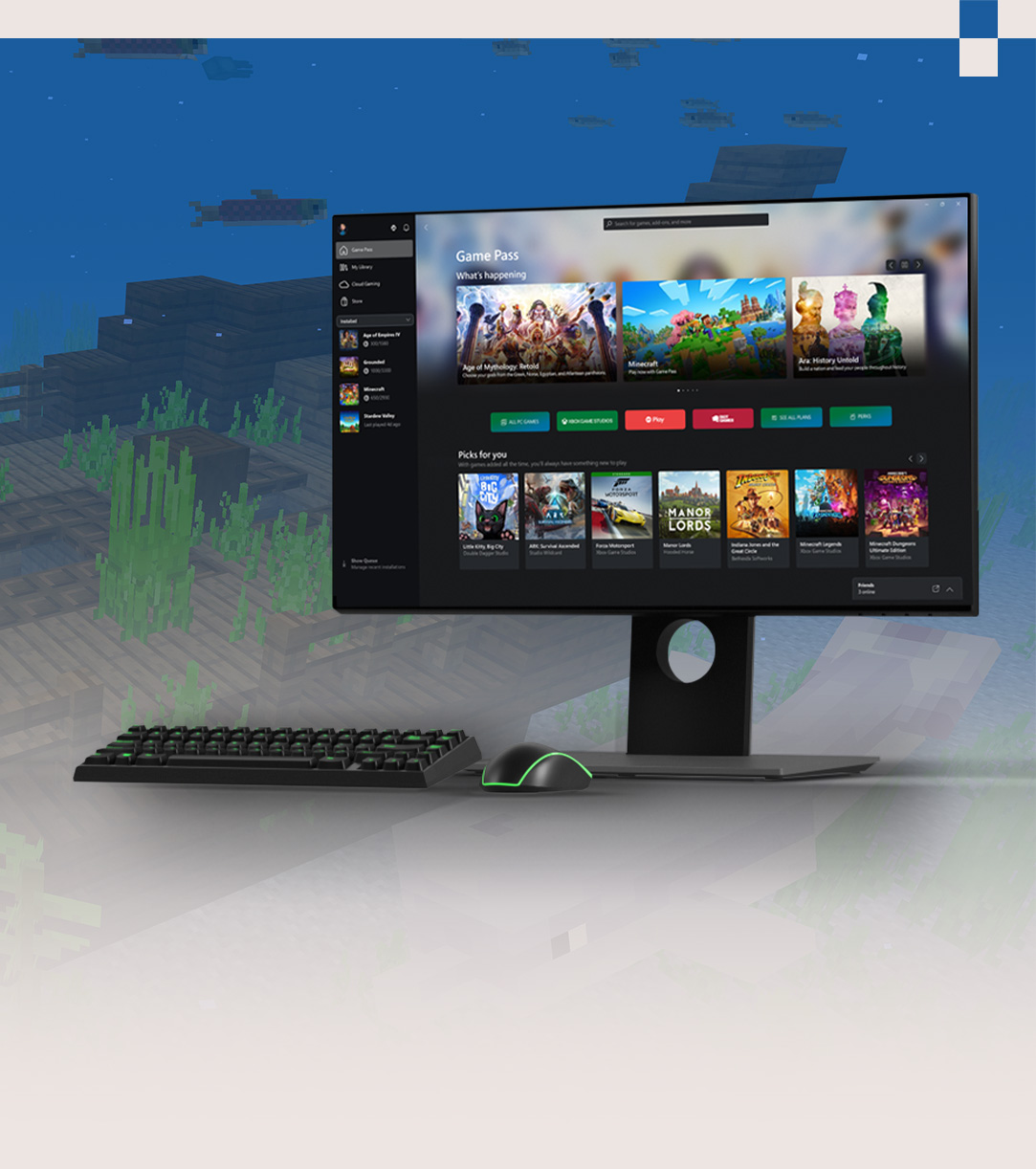 Vorderansicht eines Monitors, der ein Menü der Xbox-App auf einem Windows PC anzeigt