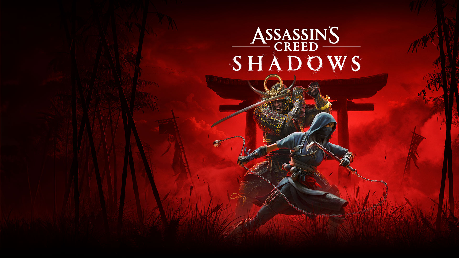 Assassin's Creed Shadows, Yasuke and Naoe, standing in front of a Torii surrounded by tattered banners, hold their weapons close.